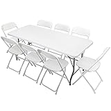 VINGLI - Juego de mesa plegable de plástico de 6 pies con 8 sillas plegables blancas para picnic, eventos, entrenamiento, actividades al aire última intervensión, en casa y uso comercial