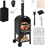 COSTWAY Horno de Pizza de Leña para Exterior, Parrilla de Pizza Independiente con 2 Ruedas, Cubierta Impermeable, Piedra de Pizza, Fabricante de Pizza Resistente para Patio, Porche, Terraza, Negro