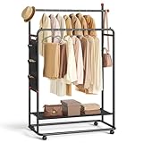 SONGMICS HOME Perchero, Perchero Metálico con Ruedas, 2 Barras para Colgar, Bolsillos Laterales, Estante, Ganchos para Cerillas, Negro Tinta HSR171B01