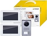Vimar K40911 Kit videoportero contenido: 2 videoporteros con teclado capacitivo LCD 7 in, placa de entrada audio/vídeo de 2 pulsadores, 2 alimentadores con clavijas intercambiables, bianco/grigio