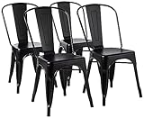 Amazon Basics Paquete de 4 sillas de comedor de metal apilables con respaldo para bistró, cocina, interior y exterior, Negro, 51 x 43 x 85 cm