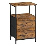 VASAGLE Mesita de Noche, Mesa Auxiliar con 2 Cajones de Tela, Mesilla Alta de 61 cm con Estante de Almacenamiento, Salón, Dormitorio, Marrón Rústico y Negro Tinta LGS025B01, 38 x 28 x 61 cm