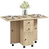 HOMCOM Mesa Plegable de Comedor Mesa de Cocina Plegable con Ruedas Alas Abatibles Cajones y Armario Mesa Plegable para 4-6 Personas 120x60x76,5 cm Natural