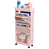 DOEWORKS Carro de Almacenamiento de 5 Niveles Estante para Libros Pequeño, Carro de Servicios con Ruedas, Estante de Almacenamiento para Cocina Baño Dormitorio Oficina, Rosa