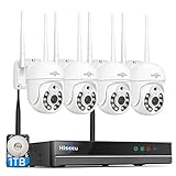 Hiseeu 5MP Kit Camara de Vigilancia WiFi Exterior, PTZ Cámara de Seguridad, 4X Camara IP y 10CH NVR, Audio Bidireccional, Detección y Seguimiento, Visión Nocturna en Color 1TB HDD
