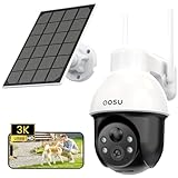 AOSU 3K 5MP Cámara de Vigilancia WiFi Exterior, Pilas Cámara de Seguridad Inalámbrica, Panorama PTZ de 360°, Panel Solar Portátil, Detección PIR de Personas y Coches, Visión Nocturna Color