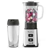 Moulinex Pulseo LM17GD - Batidora de vaso individual de 400 W, batidora de 4 cuchillas de 700 ml y con recipiente portátil de 600 ml, 2 velocidades, para zumos y smoothies, acero inoxidable