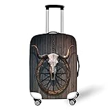 Travel Luggage Cover Suitcase Protector,Barn Wood Wagon Wheel,Long Horned Bull Skull and Old West Wagon Wheel on Rustic Wall Decorative,Black Brown White，for Travel,M
