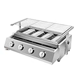 Barbacoa de gas sin humo, 4 quemadores, portátil, de acero inoxidable, con parrilla extraíble, barbacoa de camping para patio trasero, jardín, terraza, terraza y balcón