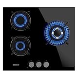 Cecotec Placa de Gas Butano y Natural 3 Fuegos Bolero Squad G 3200S Glass Black. 6250W, Cristal Negro, Parrillas Individuales Hierro Fundido, WOK Triple Corona, Encendido Eléctrico, Sistema Seguridad