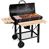 LEHMANN Barbacoa de Carbón Vegetal con Parrilla XL, Carro de Barbacoa con 2 Estantes de Madera, Tapa, Ruedas y Mango no Caliente, BBQ para Jardín, Terraza, Camping