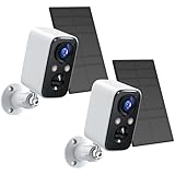FOAOOD 2 Paquetes-Blanco Cámara Vigilancia WiFi Exterior Solar, Camaras de Vigilancia sin Cables,Visión Nocturna en Color,Batería Incorporada,Detección Humana PIR, Audio Bidireccional,IP66