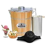 Elite Gourmet EIM402 Máquina de hacer helados eléctrica vintage, forma de cubo de madera antiguo, 3,7 l, manivela clásica de fundición a presión, usa hielo y sal gruesa, helados en minutos, pino
