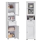 VASAGLE Mueble Baño, Armario Baño, Armario Alto, Compartimento Abierto, Puerta de Cristal, Estrecho, con Patas, Estantes Regulables en Altura, Ahorro de Espacio, Blanco Arce BBK163T44