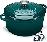 Overmont Olla de Hierro Fundido - Antiadherente Cacerola Holandesa de Esmaltado con Tapa - Ø26 CM Redonda Cacerola Holandesa para Cocinas de Inducción - Azul-lago