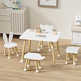 BanaSuper Set de Mesa y Sillas para Niños, Mesa de Actividades para Niños con 4 Sillas, Mesa de Juego de Madera para Niños y Taburetes, Set de Muebles Naturales para Jugar, Dibujar, Leer (Blanco)