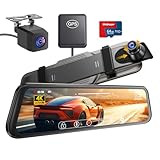 Dashcam Coche Retrovisor 4K, 10' Pantalla Táctil Camara Vigilancia Coche con Tarjeta SD 64GB, 170°, Visión Nocturn, GPS, G-Sensor, Asistencia en Reversa, Monitor de Aparcamiento, Grabación en Bucle