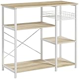 HOMCOM Estantería de Cocina Moderna Estante de Cocina con 1 Cesta 4 Ganchos en S 6 Almohadillas de Pie Ajustables y Estantes 90x40x84,5 cm Roble y Blanco