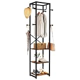 IBUYKE Perchero, Perchero de pie con 3 Estantes y 8 Ganchos, Escalera con Barra Colgar Ropa, Colgador Metálico para Gorros, Bolsas, Marrón Rústico y Negro TMJ088H
