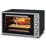 ICQN Minihorno de 70 XXL, 1800 W, con iluminación interior y recirculación, doble acristalamiento, pincho giratorio, función de temporizador, esmaltado, color gris inoxidable, incluye delantal.