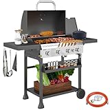 Outsunny Barbacoa de gas de 12 kW, 4 + 1 quemador, de acero inoxidable, incluye quemador lateral, termómetro, parrilla, abrebotellas, bandejas laterales, parrilla de gas, para balcón, camping, 135 x