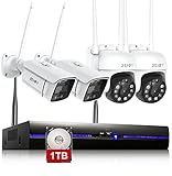 3MP Sistema de Seguridad WiFi Exterior con Spotlight y 1TB HDD, REIGY Kit Camara de Vigilancia IP, 4X 1296P Camara(2X PT CAM), Visión Nocturna Colorida Detección Movimiento Audio Bidirectionnel