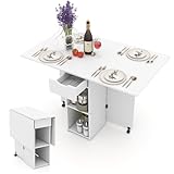 GIANTEX Mesa de Comedor Plegable, Mesa de Cocina Móvil con 2 Ruedas Universales, con 1 Cajón y 2 Estantes, Mesa de Madera con Tablero Extensible, para Comedor, Salón, Dormitorio (Blanco)