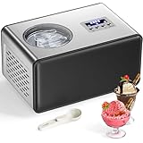 Máquina Para Hacer Helados con Compresor 2L, Heladera Eléctrica, Heladera Profesional, 150W, Panel de Control Botones, Cubo de Aluminio Extraíble, Receta & Cuchara, No Requiere Precongelación