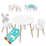 KYWAI® Mesa y Silla Infantil - Conjunto de Mesa Redonda y Dos Sillas. Robusto diseño en Madera de Pino. Ideal para Juegos, Creatividad y Aprendizaje Seguro (Blanco)