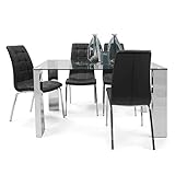 Homely - Conjunto de Comedor Karina II Mesa de 140x90 cm de Cristal y Acero Pulido y 4 sillas de Polipiel y Patas de Acero Cromado (Negro)