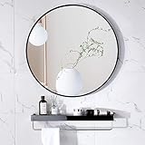 LIWEIKE Espejo redondo grande de 60 cm, espejo de baño negro con estante, espejo de pared redondo para entradas, baños, salas de estar, dormitorio, vestidor, pasillo