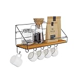 Honsdom Estantería de Pared, Estante Flotante con 6 Ganchos y Placa de Bambú, 2 Formas de Montaje, Estante de Pared Plegable Decoración del Hogar para Oficina, Salón, Dormitorio, Baño, Cocina (Negro)