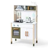 ROBUD Cocina Infantil de Madera con luz y Sonido, Juegos de Juguetes de Cocina para niños, Accesorios, Campana extractora, Horno microondas, para niños pequeños a Partir de 3 años