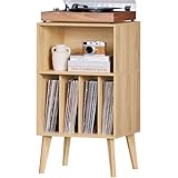 Soporte para tocadiscos, soporte para tocadiscos, puede acomodar hasta 160 álbumes, soporte de almacenamiento de vinilo Mid-Century con patas de madera, estante para tocadiscos, mesa auxiliar natural
