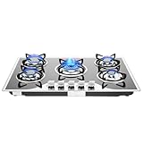 Encimera de Gas 30' Cooktop Hobs, Acero Inoxidable Panel de Cristal Integrado 5 Quemadores, General Gas Horno, Cocina Encendido Automático por Impulsos de la Batería