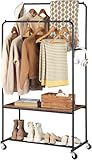 HOOBRO Perchero Burro Doble, Burro Ropa con Ruedas, Perchero Industrial con Estante, Perchero Burro Ropa Resistente, para el Dormitorio, Vestidor, Industrial, Marrón Rústico y Negro EBF22LY01