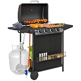 Outsunny Barbacoa de Gas BBQ Gas con 4+1 Quemadores 12 kW Barbacoa Portátil con Termómetro Mesa Lateral Estante Especiero Parrilla Recogedor de Grasa 2 Ruedas para Jardín Exterior Camping Negro