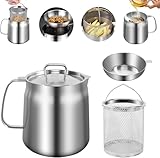Olla de filtro de aceite de acero inoxidable 304 con cesta de filtro y malla, tapa a prueba de polvo y bandeja antideslizante con asa para almacenar, freír y cocinar grasa (1,5 L)