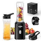 Sangcon Batidora Batidora, Licuadora Deportiva Portátil Eléctrica para Batidos y Batidos, con 2 Botellas Tritan To Go de 600 ML Sin BPA + 2 Tapas para Beber, Cuchillo de 4 Hojas, Botón de Pulso, Negro