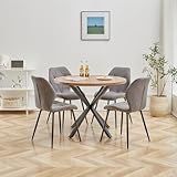 DEYARNA HOME Juego de Mesa de Comedor Redonda de 100 cm con 4 Sillas de Tela de Lino, Conjunto Mesa y Sillas de Comedor para Comedor, Cocina y Salón (Madera Oscura+LX-Marrón)