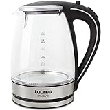 Taurus Aroa Glass - Kettle. Hervidora de agua. 2200W. 1,8L de capacidad. Cuerpo de cristal. Resistencia oculta. Filtro en la tapa. Acero inoxidable. Giro de 360º. Iluminación led en la base. Negro