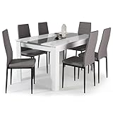 IDMarket – Conjunto de mesa de comedor Georgia 140 cm blanco y gris y 6 sillas romane grises