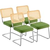 VEVOR Sillas Verdes de Ratán 4 Piezas Sillas Tapizadas de Terciopelo con Respaldo de Ratán Sillas de Cocina de Comedor Retro para Sala de Estar, Jardín, Patio, Dormitorio, Sala de Lectura, Oficina