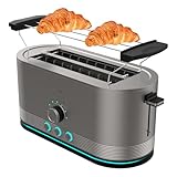 Cecotec Tostadora Vertical de Acero con doble ranura larga Shine&Toast Extra Double. 1400W, Capacidad 4 Tostadas, Ranuras Anchas de 3,8cm, Anillo Luminoso, 7 Niveles de Tostado, Varillas Superiores