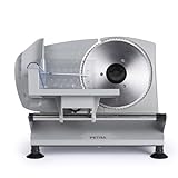 Petra PT4636VDE Rebanador de alimentos eléctrico - Cortador para carne, jamon, queso, grosor de corte ajustable 1-15mm, cuchillas lisas y de sierra, acero inoxidable, 3 x 170mm, patas antideslizantes