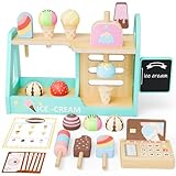 Heladeria Juguete, Heladería de Madera, Cocinita Infantil Tienda de Helados Accesorios de Cocina con Comiditas de Juguete & Dinero para Jugar, Regalo para Niños Y Niñas de 3 Anos Y Más