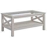 HOMCOM Mesa de Centro Mesa Auxiliar con Estante y Encimera de Vidrio Templado para Sala de Estar Dormitorio 100x55x45 cm Roble Blanqueado