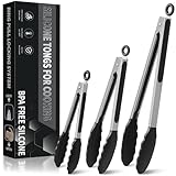 Pinzas Cocina de Acero Inoxidable con Puntas de Silicona, Resistencia a Altas Temperaturas 480°F, Pinzas de Cocina con Sistema de Cierre para Asar y Cocinar, Juego de 3-18cm, 23cm, 30,5cm