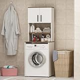 HOMIDEA Mia - Armario alto para lavadora y secadora para baño y cocina, 182,1 x 65 x 60 cm, color blanco y roble