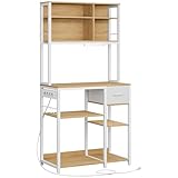 VASAGLE Estantería de Cocina con Multienchufe, Armario de Cocina con Estantes Ajustables, Cajón de Tela, 12 Ganchos, 40 x 80 x 180,4 cm, Estante para Microondas, Roble Dorado y Blanco Nube KKS015Y02